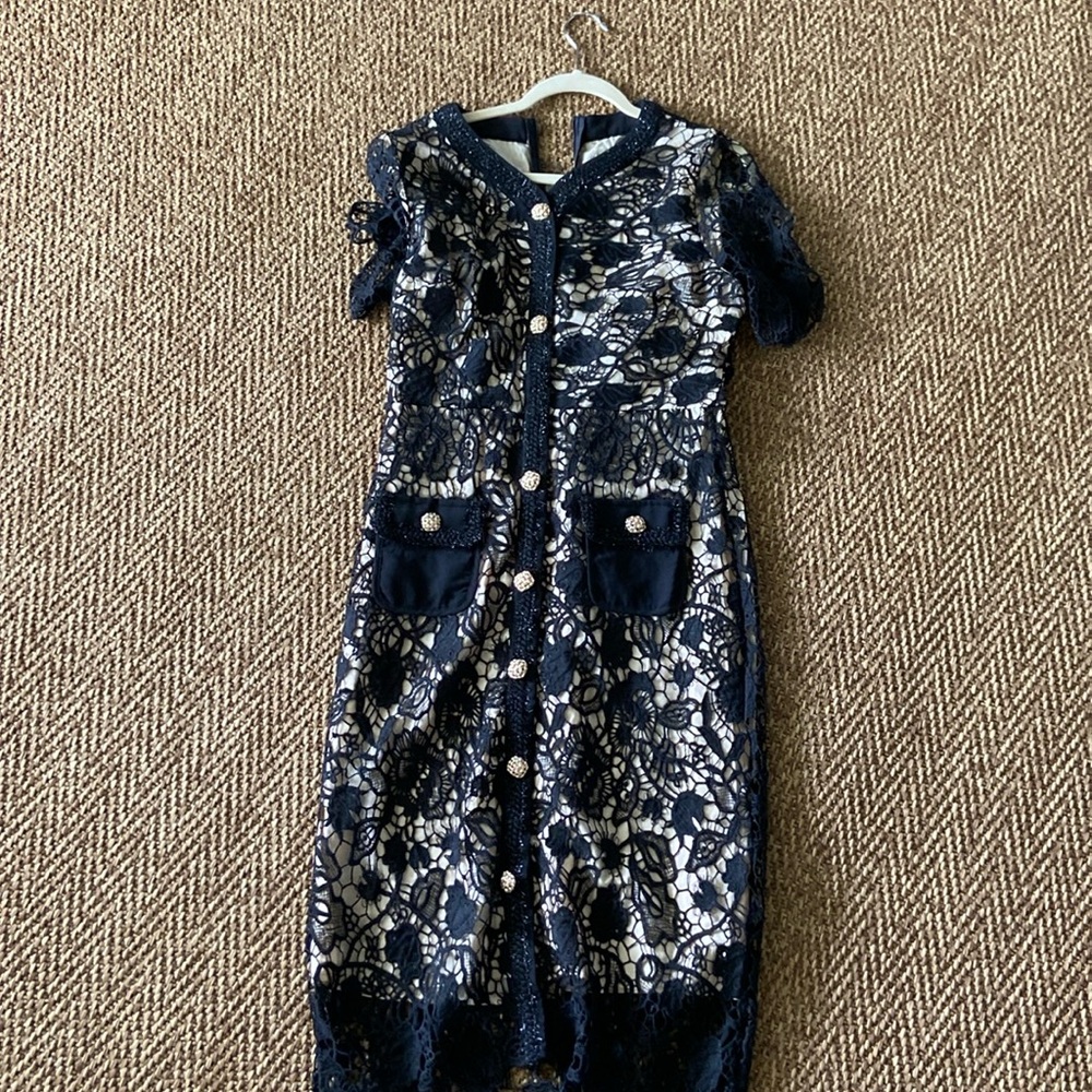 Black lace button up dress with gold buttons